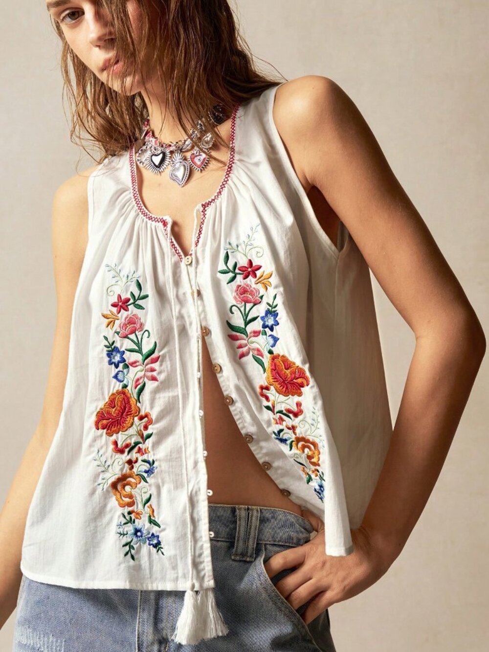 White Boho Women's Casual Woven Embroidered Sleeveless Loose Tank Top - Picture 5 of 8